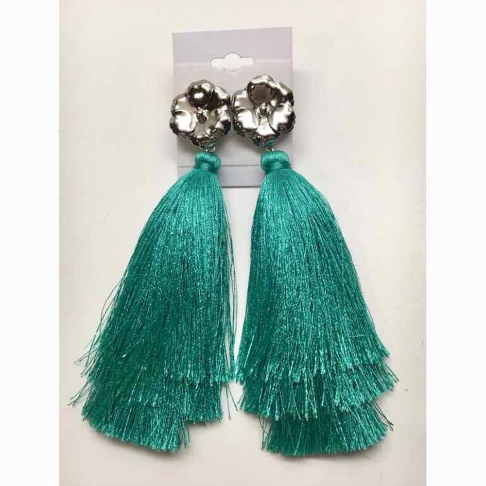 🆕 Silver Long Boho Flower Green Tassel Earrings